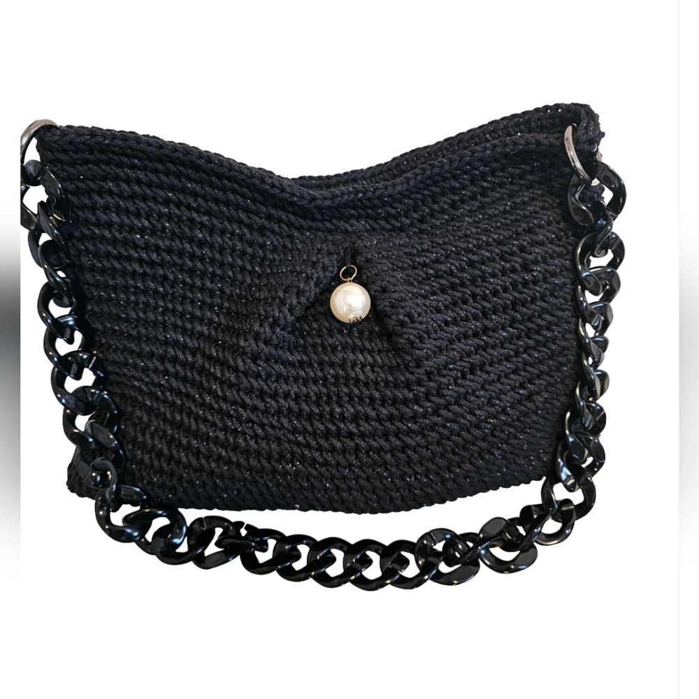 Black Crochet Single Pearl Boho Chunky Chain Strap Shoulder Handbag